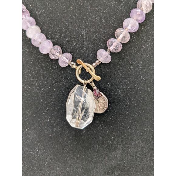 Amethyst Faceted Bead Necklace with Sterling Clasp and Crystal Pendant 34.5” - Picture 2 of 6